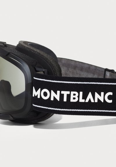 Lunettes de ski avec une monture noire et un rembourrage en mousse, équipées de verres miroitants sombres et d'une sangle élastique noire avec la marque blanche "MONTBLANC".