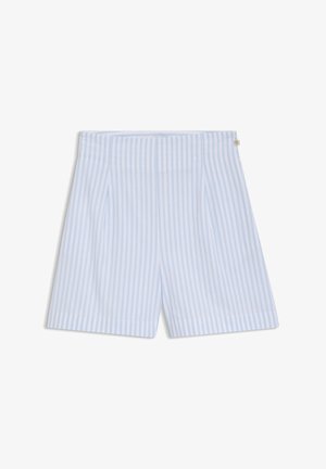 Shorts longueur genou à rayures verticales bleu clair et blanc, taille haute et fermeture éclair latérale.