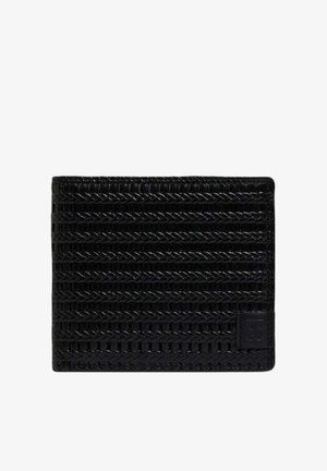 Schwarze Brieftasche aus strukturiertem Leder mit gewebtem Muster. Verfügt über ein Logo in der unteren rechten Ecke. Schlankes, rechteckiges Design.