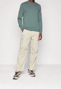 Grönstickad tröja med rund halsringning, krämfärgade cargobyxor och flerfärgade sneakers med mönster och detaljer.