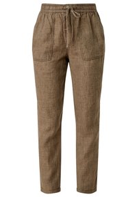 Lichtbruine linnen broek met een elastische tailleband en trekkoord, voorzien van twee zijzakken en een ontspannen pasvorm.
