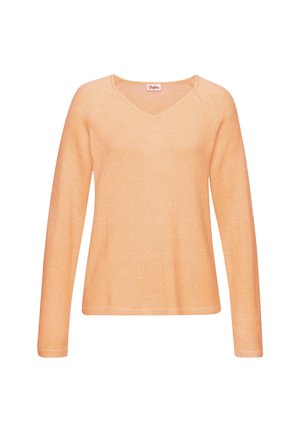 Pfirsichfarbener Pullover mit V-Ausschnitt, langen Ärmeln und einem weichen, strukturierten Stoff. Er hat eine lockere Passform sowie gerippte Säume und Bündchen.