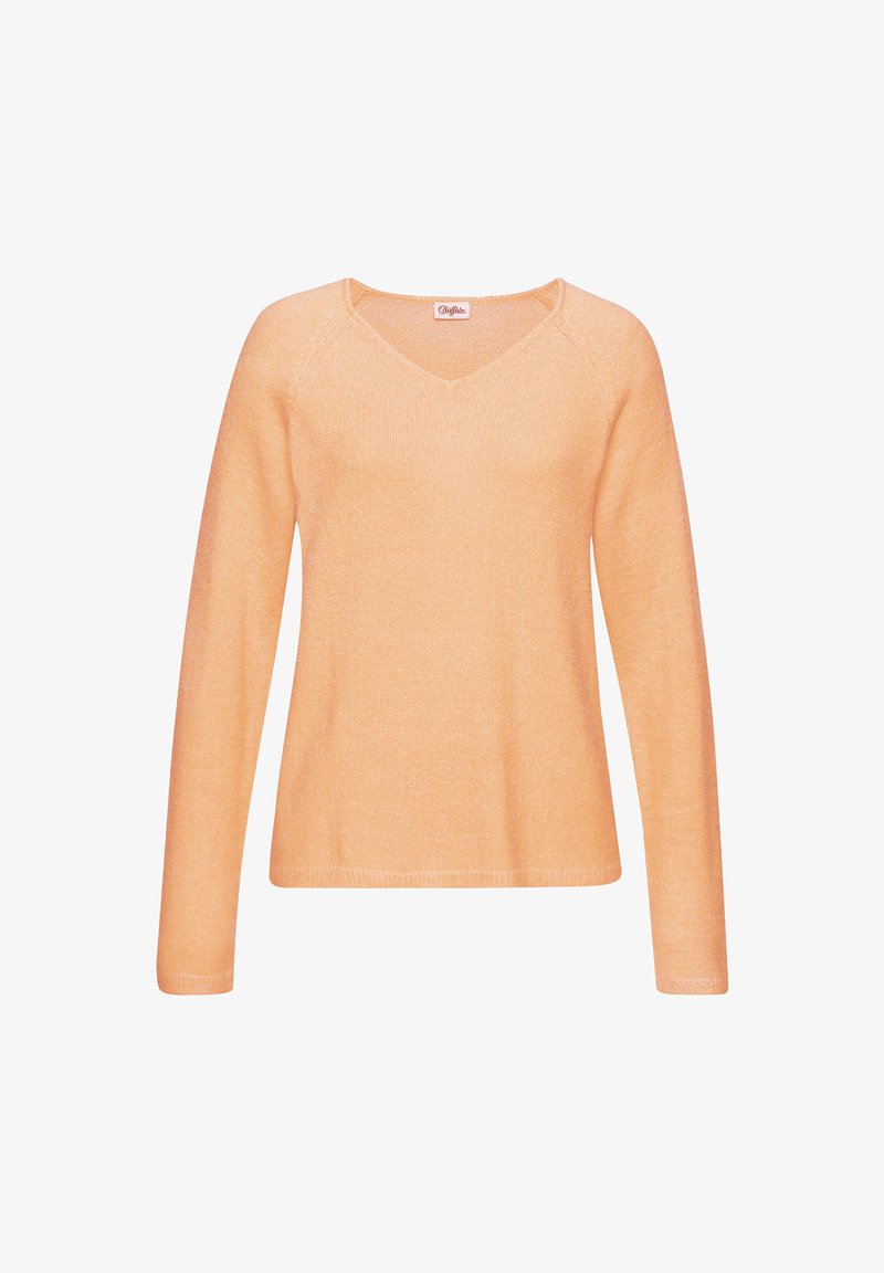 Pfirsichfarbener Pullover mit V-Ausschnitt, langen Ärmeln und einem weichen, strukturierten Stoff. Er hat eine lockere Passform sowie gerippte Säume und Bündchen.
