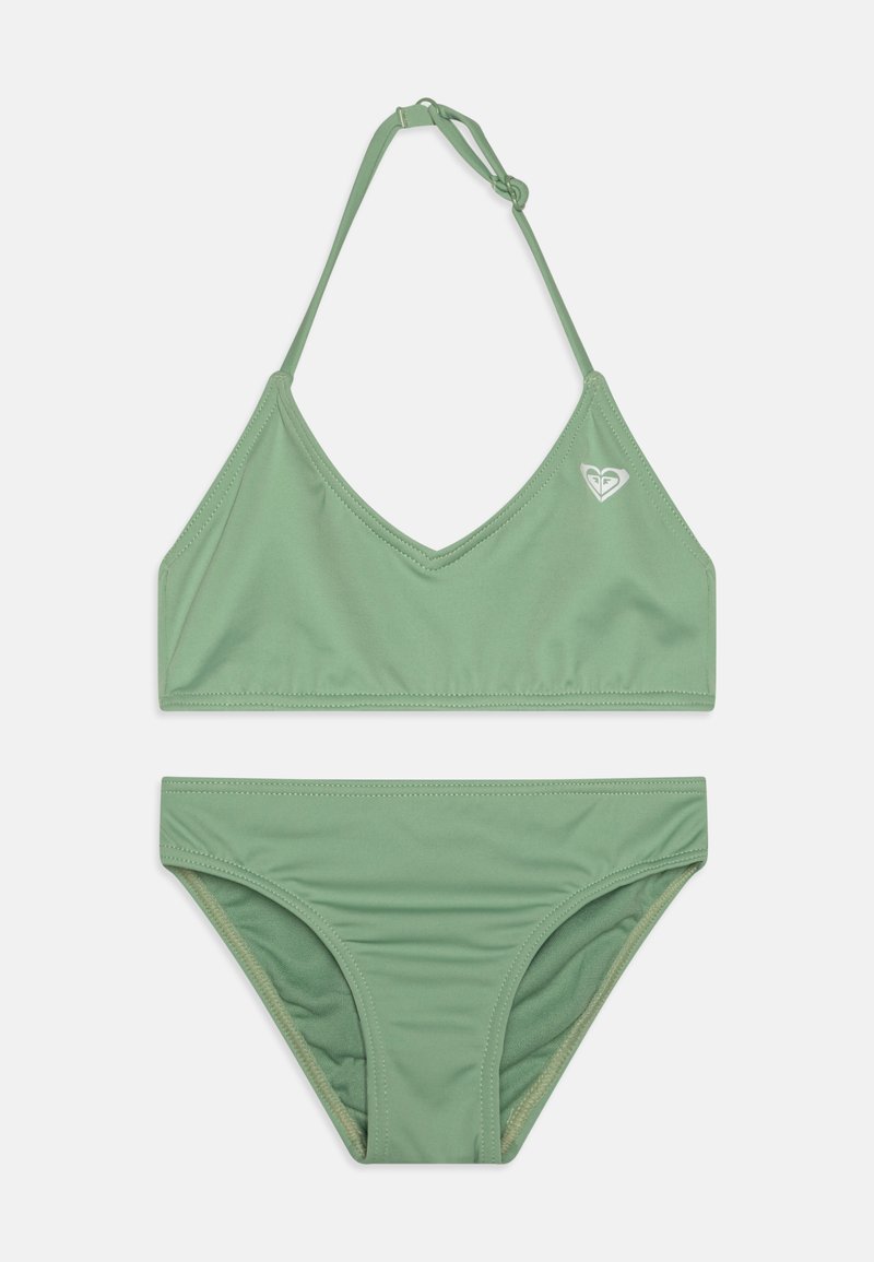 Light green bikini set featuring a triangular top with adjustable straps and matching low-rise bottom. Crafted from smooth, stretch fabric.