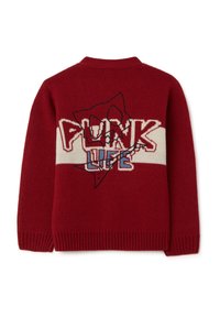 Roter gestrickter Pullover mit weißem horizontalem Streifen, dem Text "PUNK LIFE" und einem schwarz umrandeten abstrakten Katzenschädel-Graphic auf dem Rücken.