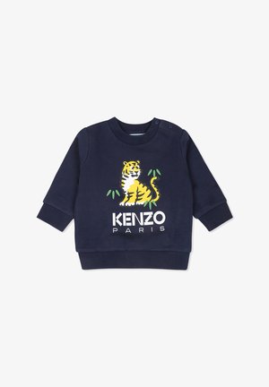 Marineblauwe sweatshirt met lange mouwen. Voorzien van een gele tijgerafbeelding en de tekst "KENZO PARIS" in het wit. Zacht katoenen materiaal, geribde manchetten.