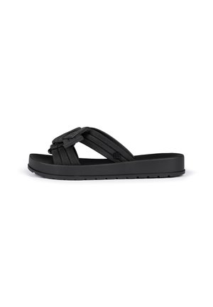 Schwarze Flip-Flop-Sandale mit synthetischen Riemen, flacher Sohle und gepolsterter Zehenstütze. Verfügt über eine strukturierte Oberfläche und eine langlebige Bauweise.