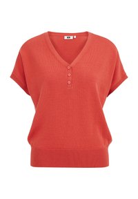 Korale nowa bluzka z krótkim rękawem, z dekoltem w kształcie litery V i trzema guzikami. Miękka tkanina z prążkowanym wykończeniem dla swobodnego fasonu.