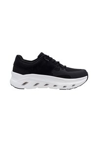 Chaussure de sport noire avec tige en mesh et semelle blanche épaisse avec plusieurs aérations, vue de côté gauche sur fond blanc.