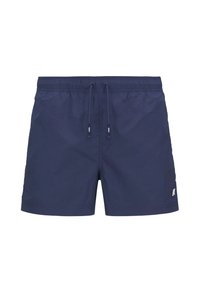 Pantaloni da nuoto blu navy realizzati in tessuto leggero, con vita elasticizzata e cordoncino, e un piccolo logo sul lato.