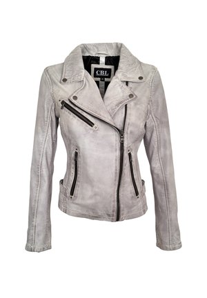 Lichtgrijze leren dames motorjack met asymmetrische frontrits, drie ritssluitingen, kraag met drukknopen en gestikte details.