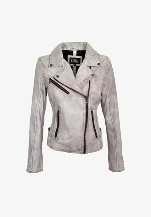 Lichtgrijze leren dames motorjack met asymmetrische frontrits, drie ritssluitingen, kraag met drukknopen en gestikte details.