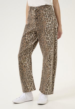 Leopard-print wide-leg pants made of soft fabric, featuring a high waist, five pockets, and a light brown and black color scheme.