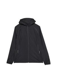 Černá lehká bunda s kapucí, s předním zipem a vzorovanými akcenty na rukávech. Hladká, prodyšná látka. Dvě boční kapsy.