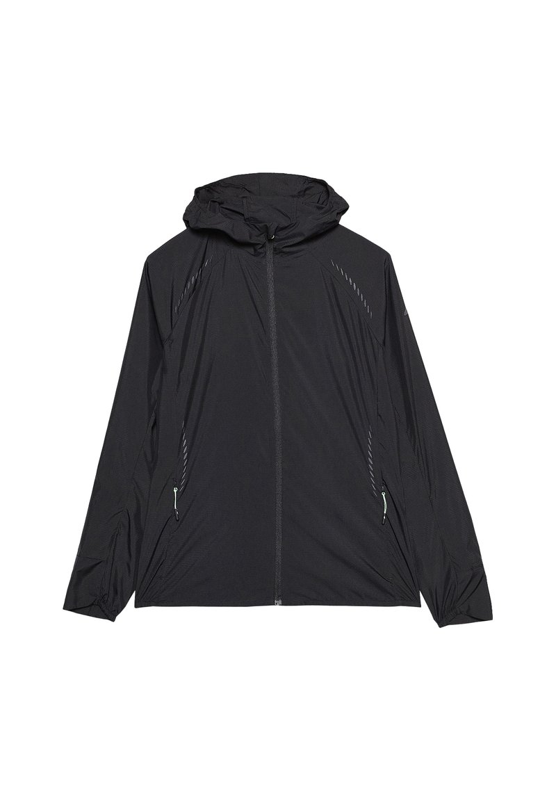 Czarna, lekka kurtka z kapturem, z przednim zamkiem i wzorzystymi akcentami na rękawach. Gładki, oddychający materiał. Dwie boczne kieszenie.