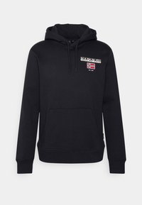 Sudadera negra con capucha, hecha de un tejido suave, con un bolsillo frontal. Presenta un diseño de logotipo y bandera en el pecho, así como puños y dobladillo acanalados.