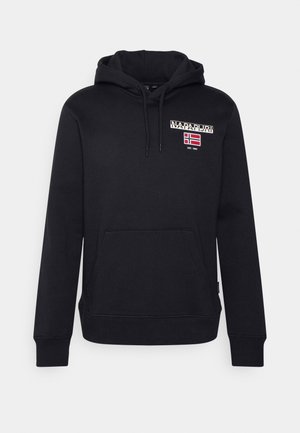 Sudadera negra con capucha, hecha de un tejido suave, con un bolsillo frontal. Presenta un diseño de logotipo y bandera en el pecho, así como puños y dobladillo acanalados.