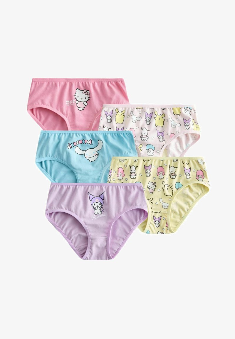 Cinq paires de sous-vêtements pour enfants aux couleurs pastel, présentant les personnages Hello Kitty, Cinnamoroll et Kuromi ainsi que des motifs assortis.