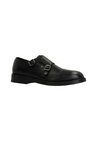 Schwarz Leder Schuhe mit runder Zehenform und doppelter Schnallenverschluss. Merkmale eine glatte Oberfläche und eine flache Gummisohle. Klassisches Design.