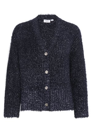 Cardigan peluche blu navy con scollo a V, cinque bottoni argentati sul davanti e maniche lunghe, caratterizzato da una finitura morbida e testurizzata.