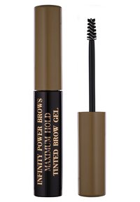 Gel à sourcils teinté dans un tube cylindrique marron et noir avec du texte doré. Comprend une brosse spoolie noire pour l'application.
