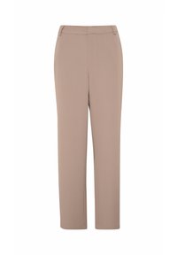Beige broek met een rechte snit, gemaakt van lichtgewicht stof. Heeft een gladde textuur en een tailleband met een rits en knoopsluiting.