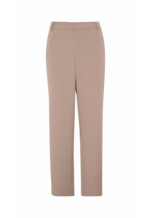 Beige broek met een rechte snit, gemaakt van lichtgewicht stof. Heeft een gladde textuur en een tailleband met een rits en knoopsluiting.