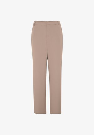 Bež hlače s ravnim krojem, narejene iz lahkotnega materiala. Imajo gladko teksturo ter pas z zadrgo in gumbom za zapiranje.