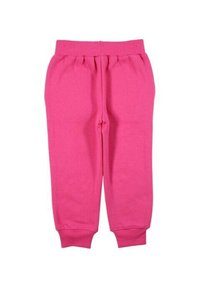 Pantalon de jogging en coton rose avec une ceinture élastique, des poignets resserrés et une texture lisse. Conçu pour le confort et une tenue décontractée.