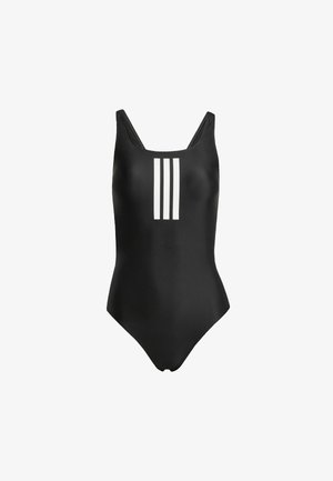 Bañador de una pieza negro con una textura suave, tirantes anchos y tres rayas verticales blancas en la parte frontal.