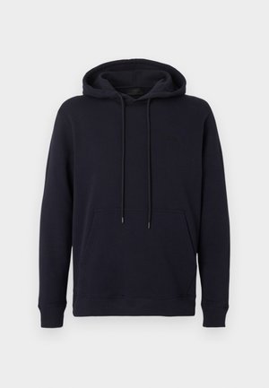 Black hooded sweatshirt with front pouch pocket, long sleeves, ribbed cuffs, and adjustable drawstring hood, displayed on plain background.