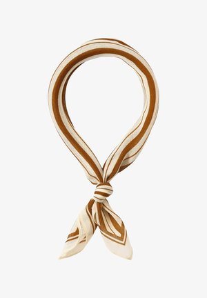 Brązowo-kremowy szalik w pasy, wykonany z lekkiego materiału, z węzłem na środku i wydłużonymi, szpiczastymi końcami.