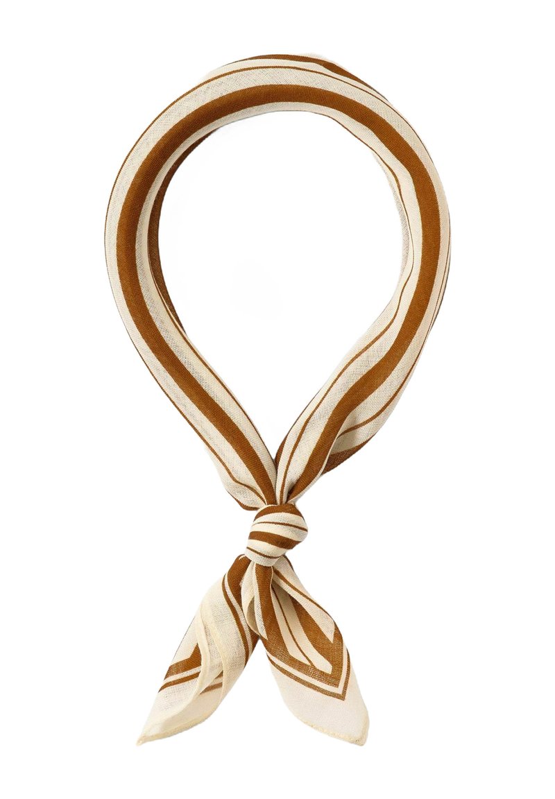 Brun og creme stribet tørklæde, lavet af letvægtstof, har en knude i midten med forlængede, spidse ender.