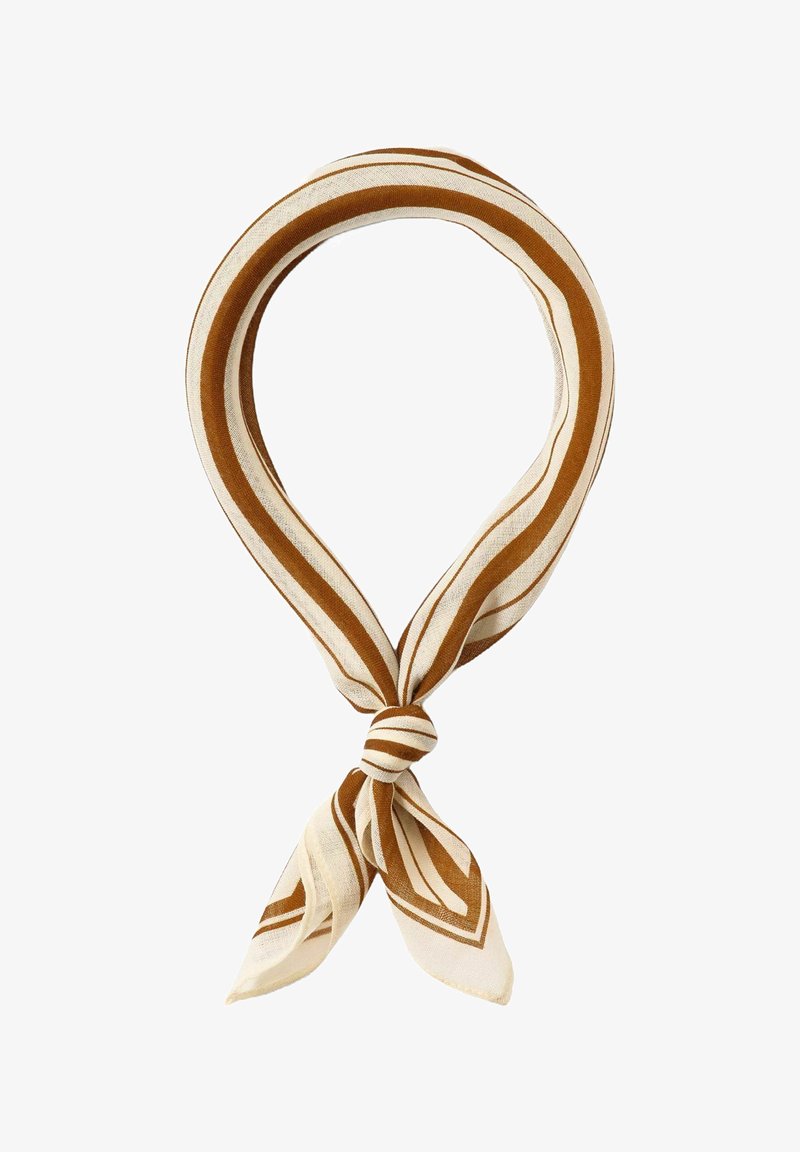 Sciarpa a righe marrone e crema, realizzata in tessuto leggero, con un nodo al centro e estremità allungate e appuntite.