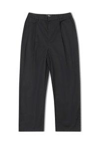 Pantalon noir en tissu léger. Présente une coupe décontractée, deux poches avant et un design plissé pour plus de détails.