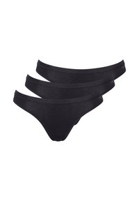 Three pairs of black cotton thong underwear with a smooth texture, featuring a wide elastic waistband and minimal seams for comfort.
