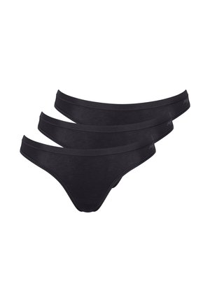 Drie paar zwarte katoenen stringonderbroekjes met een gladde textuur, voorzien van een brede elastische tailleband en minimale naden voor comfort.