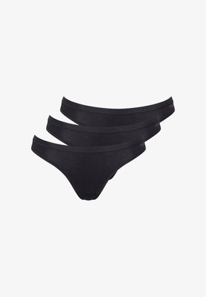 Tre par med svarte bomullstanga truser med en glatt tekstur, som har en bred elastisk midjebånd og minimale sømmer for komfort.