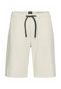 Cremefarvede afslappede shorts lavet af blødt stof, med en drawstring-talje og en sort-hvid mønstret snor.