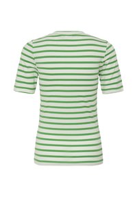 T-shirt à manches courtes rayé vert et blanc en coton, avec un col rond et une coupe ajustée. Vue de dos présentée.