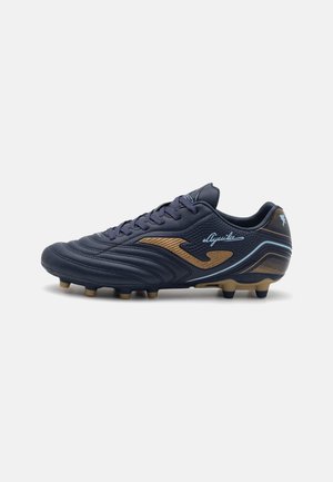 Navy blue soccer cleat with gold accents, textured upper, classic lacing system, and six cleats for traction on grass surfaces.