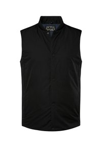 Schwarze ärmellose Weste aus einem glatten, leichten Stoff. Mit hohem Kragen und Knopfverschluss an der Vorderseite. Einfaches Design, keine Taschen.