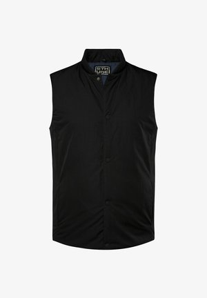 Schwarze ärmellose Weste aus einem glatten, leichten Stoff. Mit hohem Kragen und Knopfverschluss an der Vorderseite. Einfaches Design, keine Taschen.