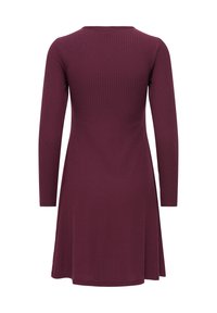 Robe à manches longues en maille côtelée de couleur bordeaux foncé, ourlet évasé, vue de dos sur fond blanc.