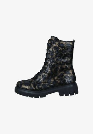 Stivali alla caviglia con stampa leopardo nera e oro, con lacci sul davanti, superficie testurizzata, suola nera chunky e una linguetta sul retro.