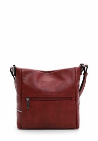 Borsa a tracolla rossa in pelle con superficie texturizzata, dotata di una tasca frontale con zip e di una tracolla regolabile. Forma quadrata con design sobrio.