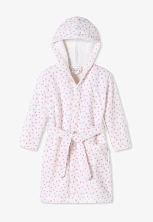 Gewatteerde badjas gemaakt van zachte witte stof, met een textuur die lijkt op badstof, versierd met roze stippen en een tailleband.