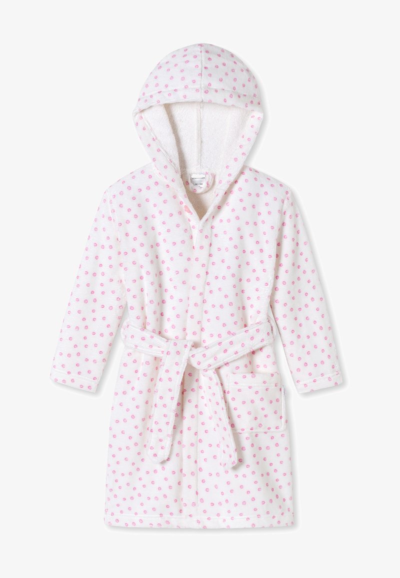 Peignoir à capuche en tissu blanc doux, avec une texture similaire à celle du tissu éponge, orné de pois roses et d'une ceinture à la taille.