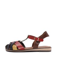 Leather sandals featuring multicolored straps in red, brown, yellow, and navy. Open design with a flat sole and adjustable buckle strap.