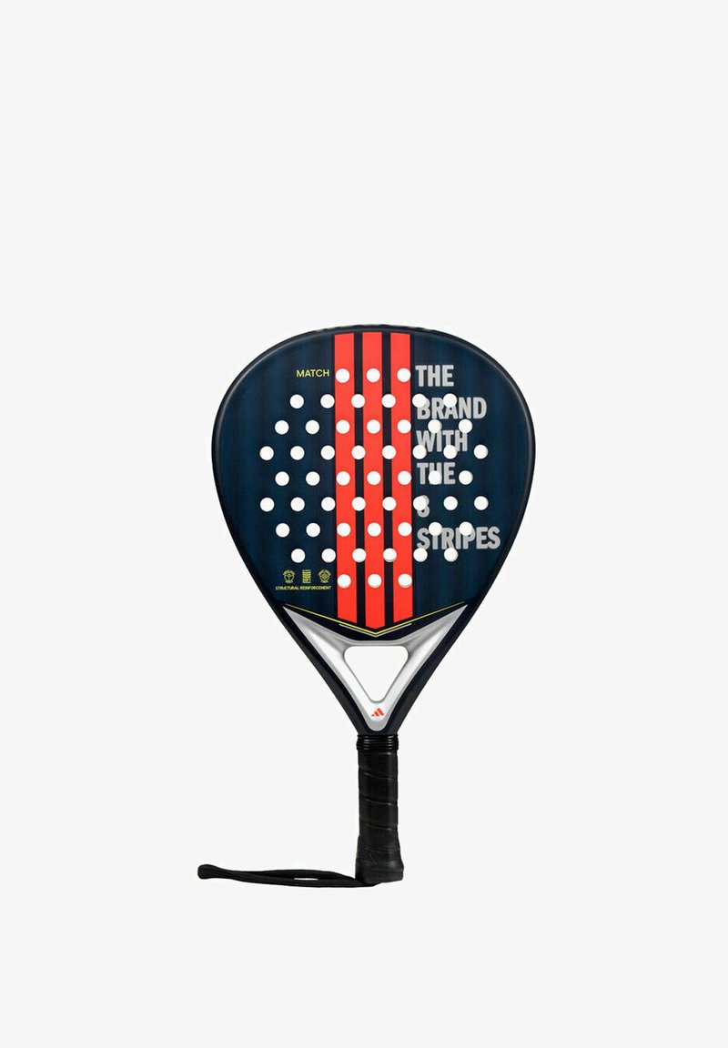 Padel racket with a rounded head, navy blue surface, red stripes, and white perforations. Features a textured grip and a silver accent.